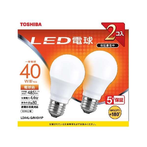 東芝 LED電球 E26口金 全光束485lm(4．4W一般電球タイプ) 電球色相当 2個パック LDA4L-G/K40V1P