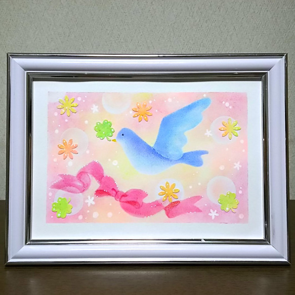 パステルアート　青い鳥の贈り物　パステル画原画　お祝　プレゼント　ギフト