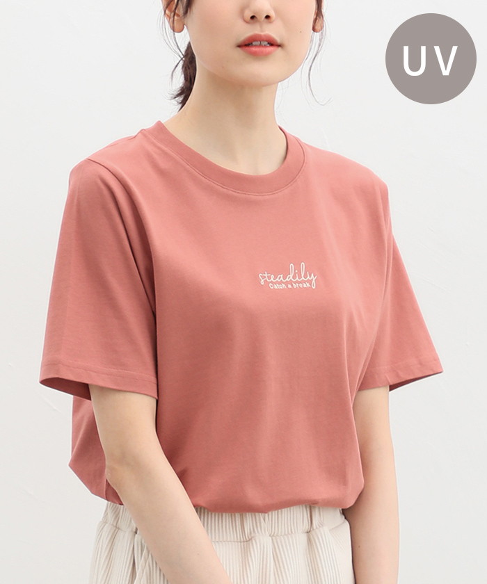 ハニーズ/ロゴ刺繍Ｔシャツ トップス Tシャツ 半袖 綿 コットン UVカット 大人カジュアル