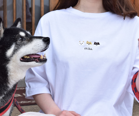 ビッグシルエット 柴犬刺繍Tシャツ 《ホワイト》メンズ レディース トップス 親子 シバイヌ