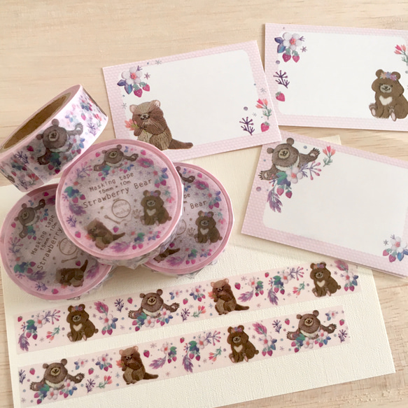 [マステ＋ミニカード15枚セット]  ✳︎動物刺繍デザイン✳︎  Strawberry Bear イチゴとクマ