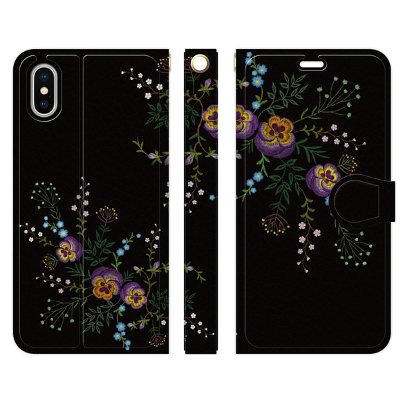 刺繍風プリント パンジー 手帳型 スマホケース iPhone/アンドロイド 各種対応