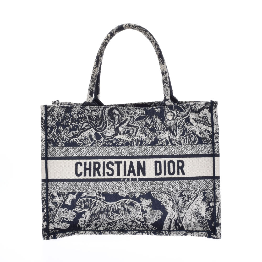 CHRISTIAN DIOR クリスチャンディオール 動物モチーフ ブックトート  スモール 紺/白 レディース キャンバス ハンドバッグ Aランク 中古 