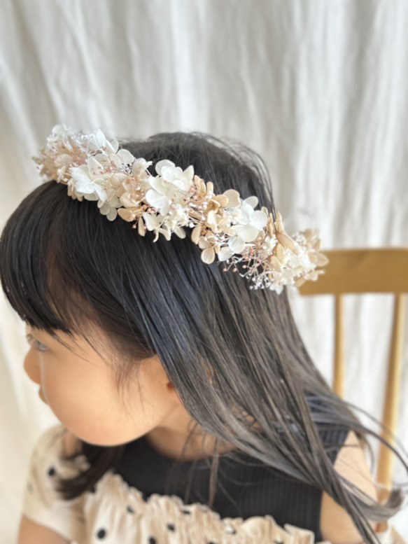 【受注製作】大人用　子供用　花かんむり　シャンパン×ホワイト紫陽花　/ウェディング/結婚式/誕生日/リングガール