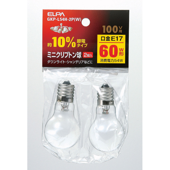 エルパ ミニクリプトン球 E17口金 60W形(54W) 2個入り ホワイト GKP-L54H-2PW