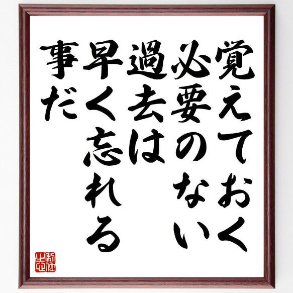 名言「覚えておく必要のない過去は、早く忘れる事だ」額付き書道色紙／受注後直筆（V0971）