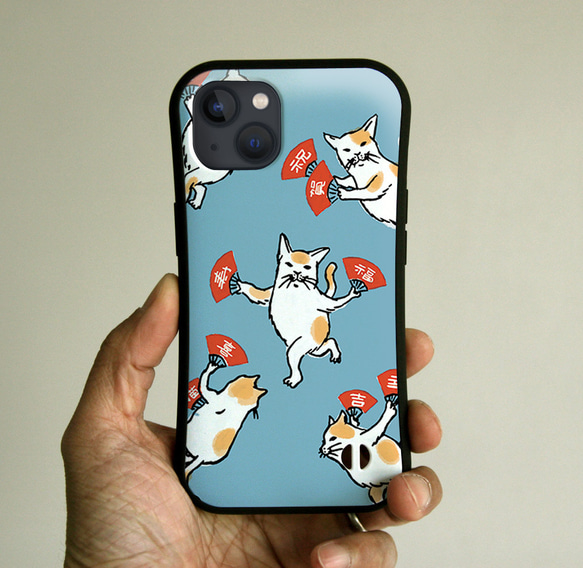 グリップiPhoneケース　福猫（ブルーグレー）