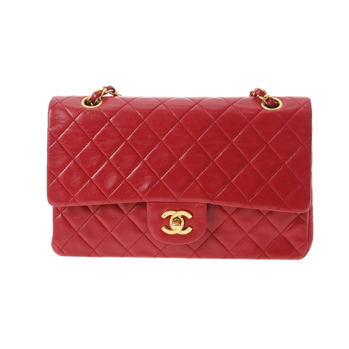 CHANEL シャネル マトラッセ Wフラップ チェーンショルダー 25 赤 ゴールド金具 レディース ラムスキン ショルダーバッグ Bランク 中古 