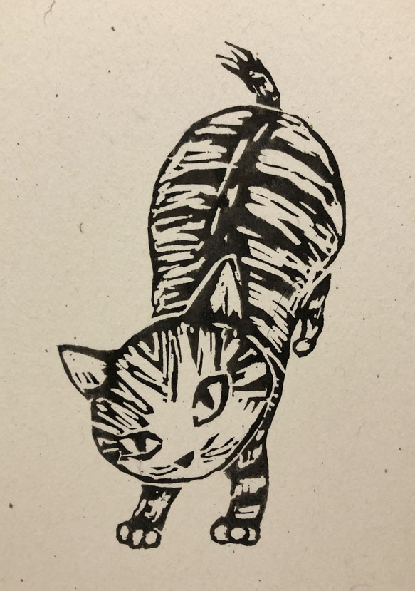 とらねこちゃん　かかってこい　木版画