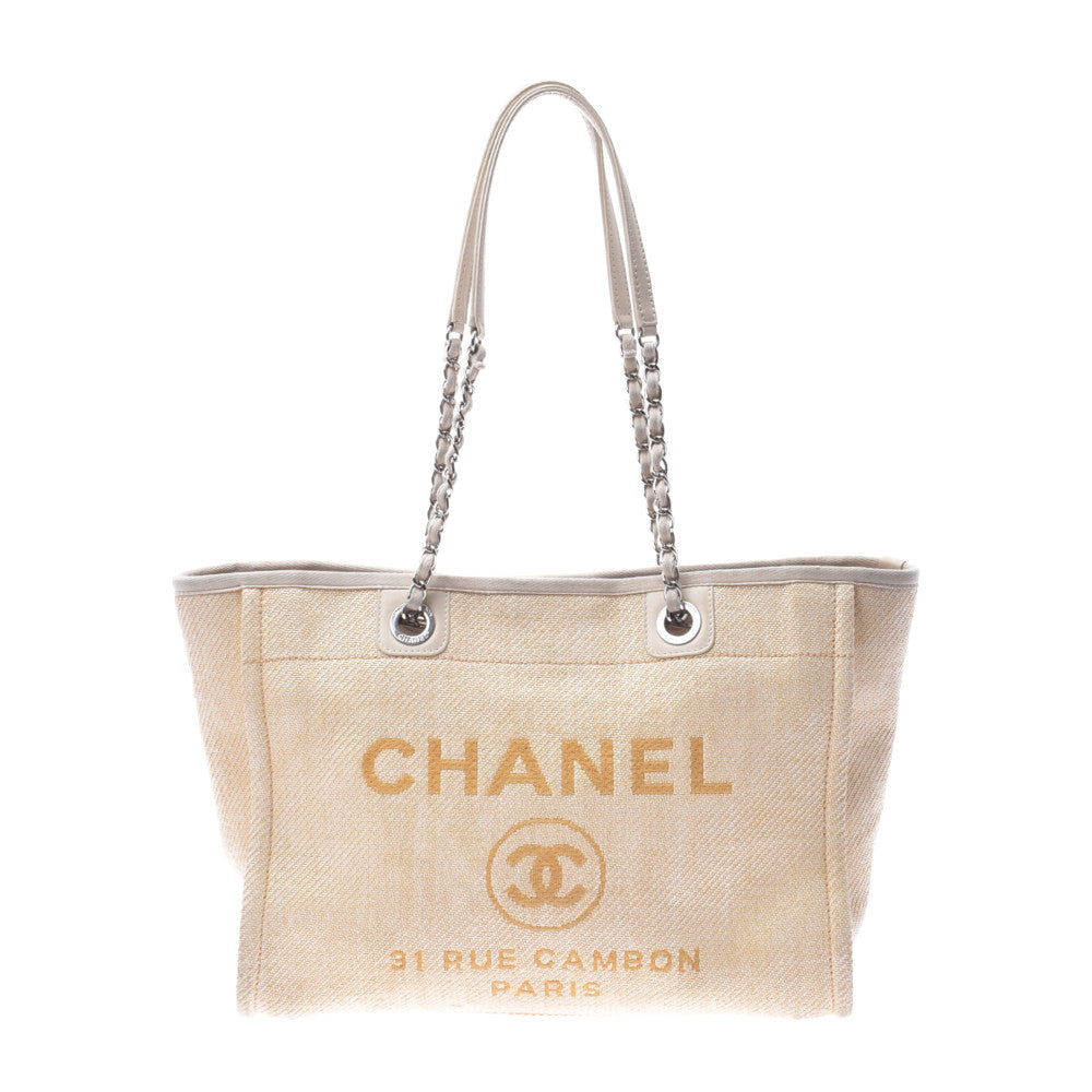 CHANEL シャネル ドーヴィル チェーントートバッグ ベージュ レディース ストロー キャンバス  ショルダーバッグ Bランク 中古 