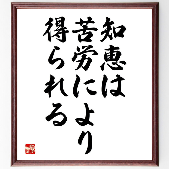 名言「知恵は苦労により得られる」額付き書道色紙／受注後直筆（V3690)