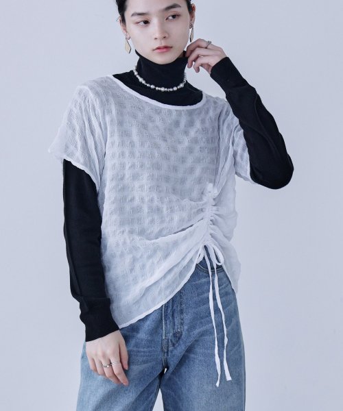 Fashion Letter ファッションレター サイドシャーリング 半袖ブラウス シャツ Tシャツ ポップコーントップス モコモコ プルオーバー 無地 チェッ