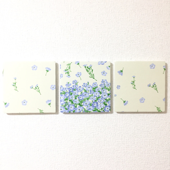 【送料無料】ファブリックパネル ネモフィラの花畑　15×15cm 3枚セット