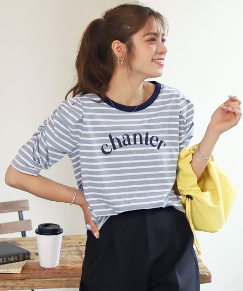 パワショルプリント入りボーダーTシャツ パワーショルダー 袖コンシャス 夏