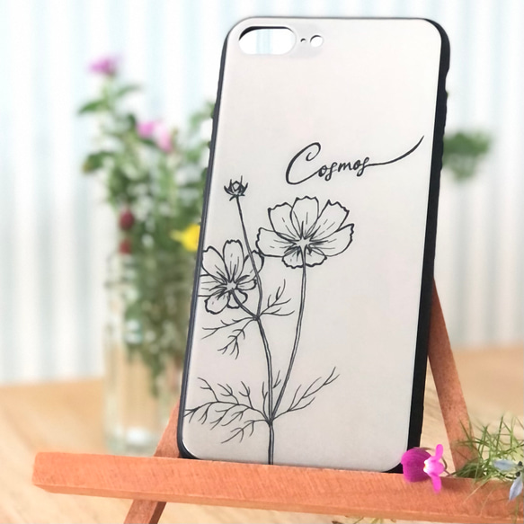 秋におすすめ★スマホケース 強化ガラスケース《コスモス 秋桜》iPhoneケース　かわいい　おしゃれ　上品