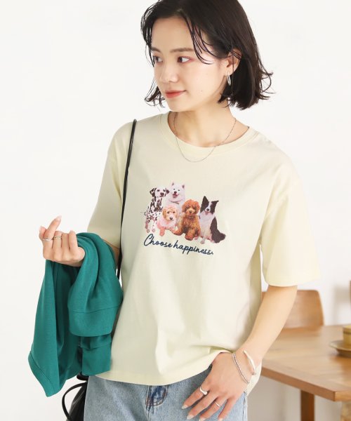 刺繍入り　ドロップショルダー DOGSフォトプリントTシャツ