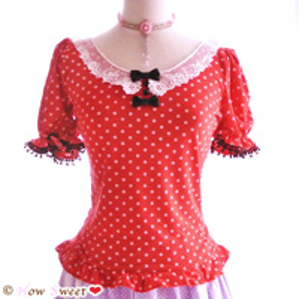 Cute-dot Tops* -赤のドット柄がキュートなパフ袖トップス★-