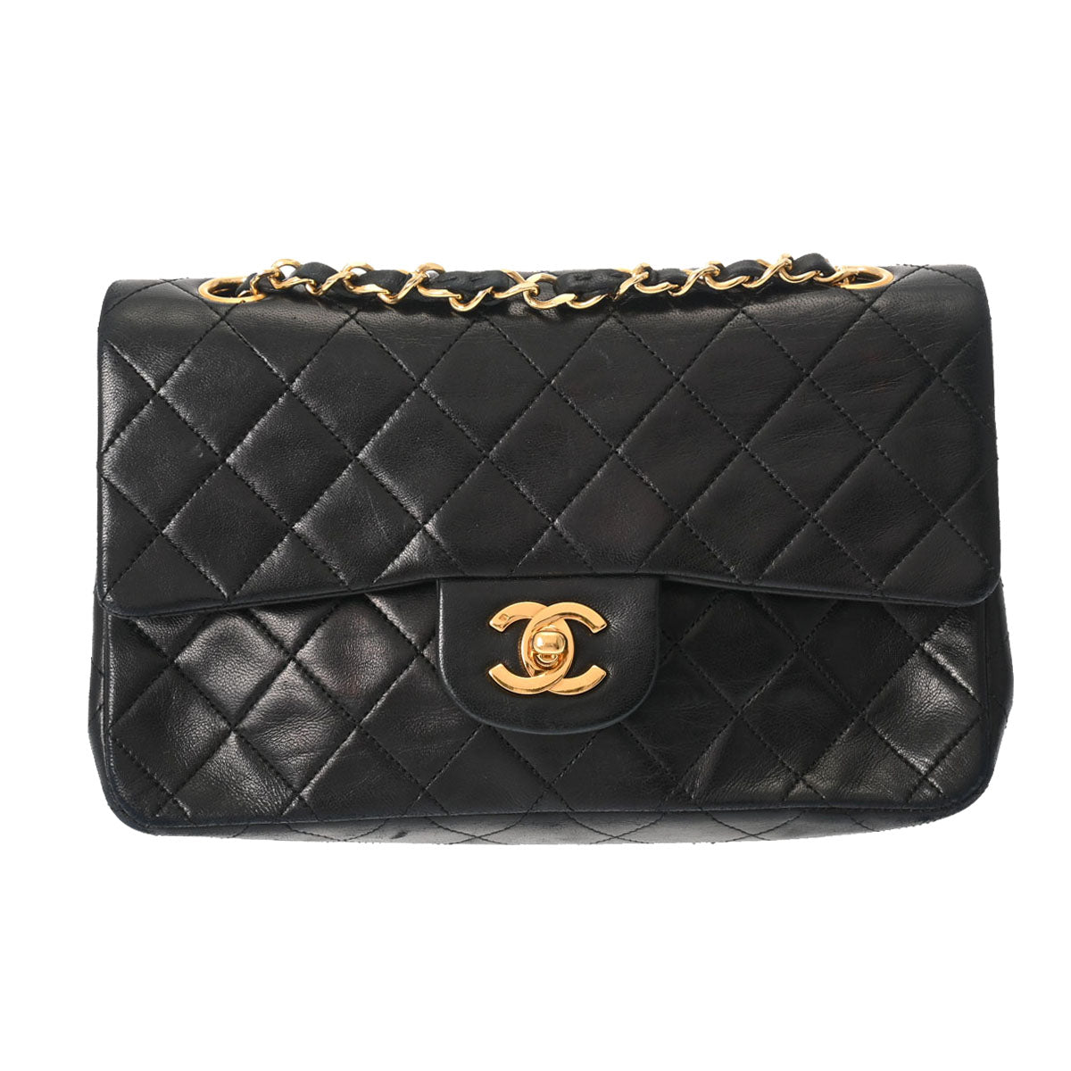 CHANEL シャネル マトラッセ Wフラップ チェーンショルダー 23cm 黒 ゴールド金具 レディース ラムスキン ショルダーバッグ Bランク 中古 