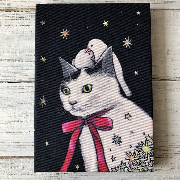 星月猫★アート「ににこ リボンの先に」猫 猫絵画　SM 複製画　木製パネル貼り「001」