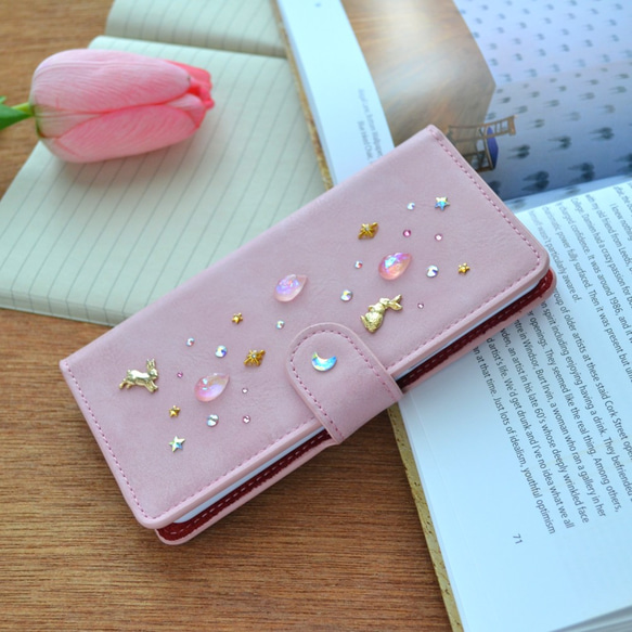 うさぎが戯れる手帳型スマホケース『♡Pink Jewelry Box♡』 ほぼ全機種注文可能android、iphone