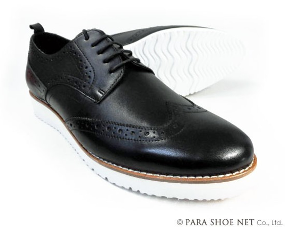 PARASHOE 本革 ウィングチップ ビジネスカジュアルシューズ 厚底白ソール 3E 黒（PS1810-BLK）