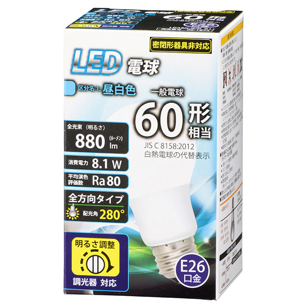 オーム電機 LED電球 E26口金 全光束880lm(8．1W一般電球タイプ) 昼白色相当 LDA8N-G/D G11