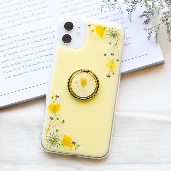 スマホリング付き菜の花とかすみ草のケース iPhoneケース Android Galaxy Xperia 全機種対応