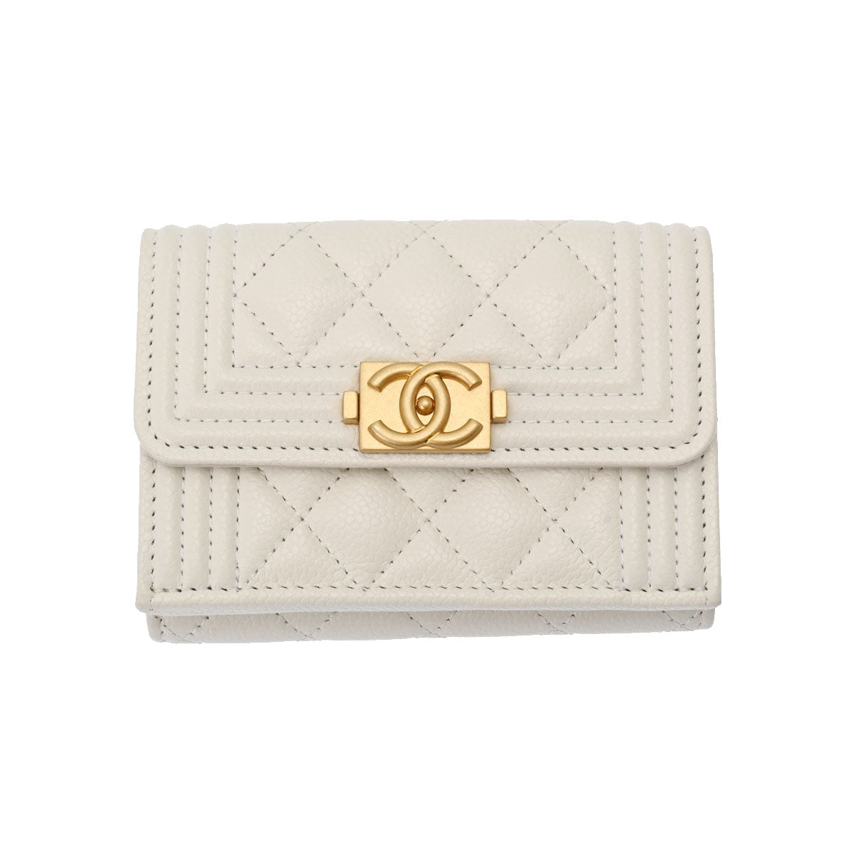 CHANEL シャネル ボーイシャネル コンパクトウォレット 白 ゴールド金具 A84432 レディース キャビアスキン 三つ折り財布 Aランク 中古 