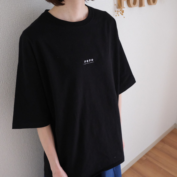 ビッグサイズ　刺繍POPOロゴ半袖Tシャツ　ユニセックス　ブラック