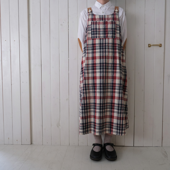 【すぐのお届け♪】コットンリネン ワンピース　beige madras check