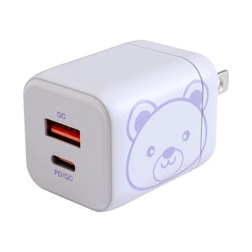 京ハヤ JKPD20GAPP 急速AC充電器 20W USB-Type-A／Type-C各1ポート PD/QC両対応 パープル（クマ）