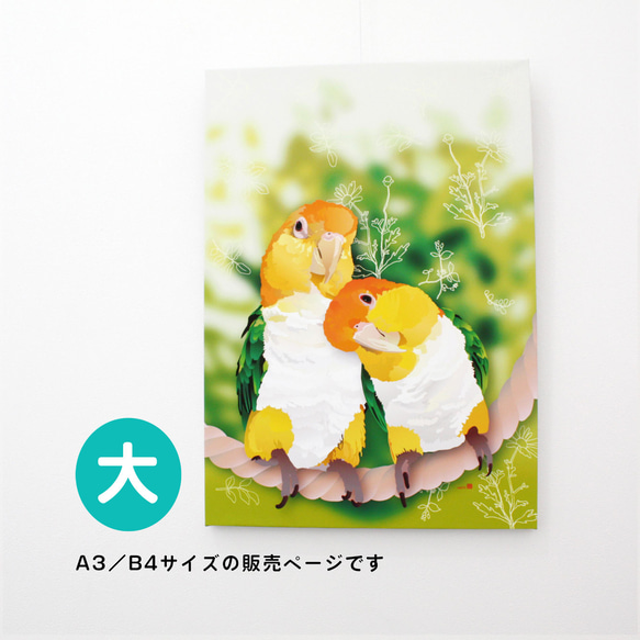 パネル作品【大】「シロハラインコ in Green」（B4・A3サイズ）