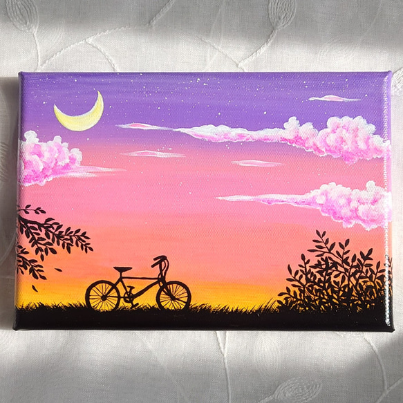 ミニ絵画　作品名「夕空と自転車」