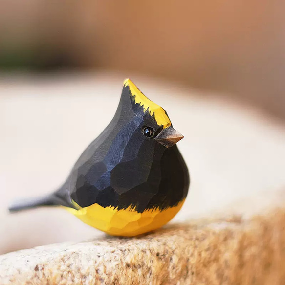 コチュウチョウ  木彫り 冠雀 黒鳥 手作り 実木 置物 太り鳥