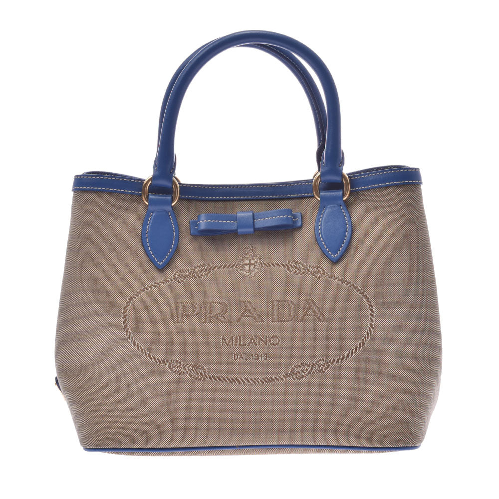 PRADA プラダ ベージュ 青 1BA172 レディース キャンバス カーフ 2WAYバッグ Aランク 中古 