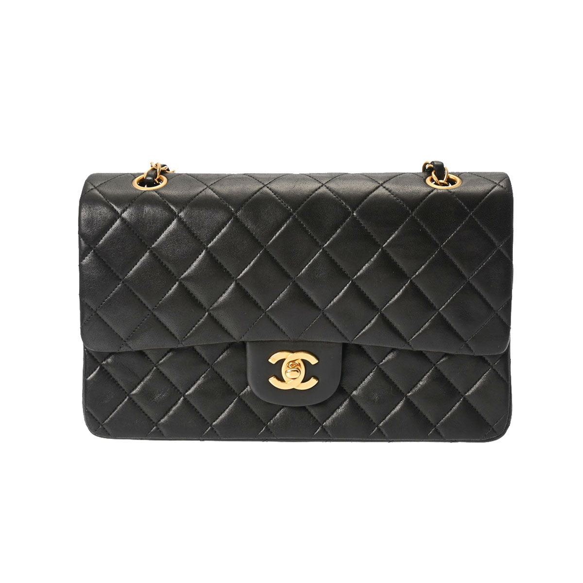 CHANEL シャネル マトラッセ Wフラップ チェーンショルダー 25cm 黒 ゴールド金具 A01112 レディース ラムスキン ショルダーバッグ ABランク 中古 