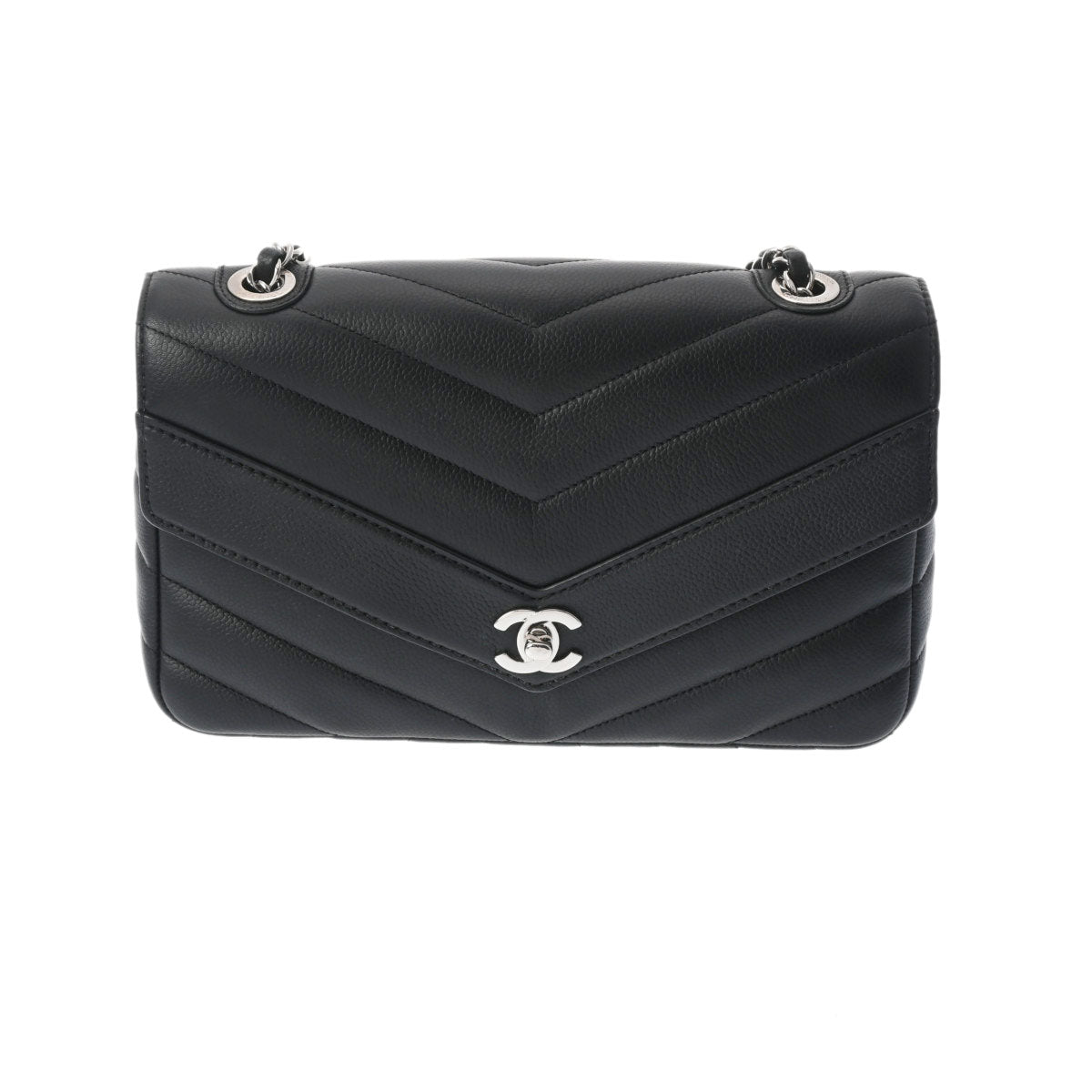 CHANEL シャネル Vステッチ チェーンショルダー 25cm 黒 シルバー金具 A91563 レディース キャビアスキン ショルダーバッグ 新同 中古 