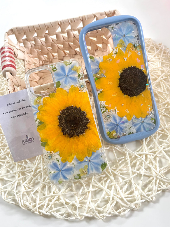 向日葵と万華鏡紫陽花の押し花スマホケース　全機種対応/iphone/GALAXY/AQUOS/xperia/pixel