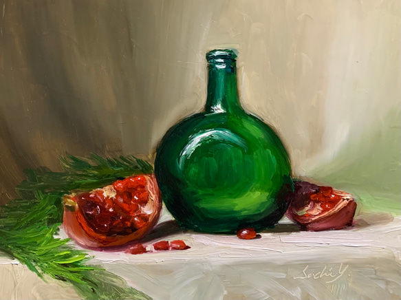 油彩画　Pomegranate and Green Glass