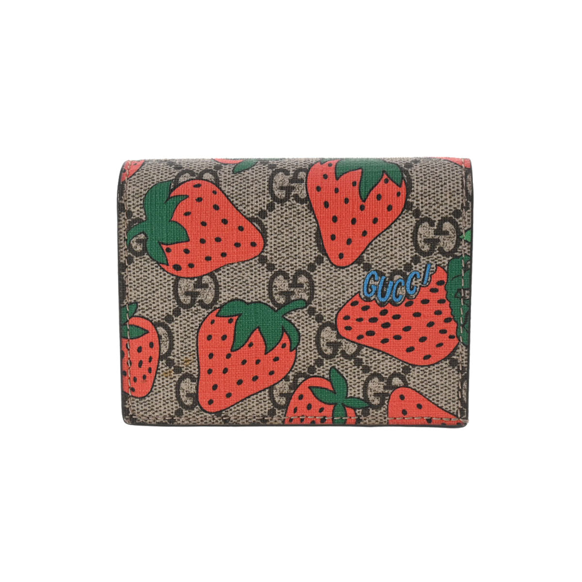 GUCCI グッチ ミニウォレット ストロベリー ベージュ/赤/ピンク メンズ GGスプリームキャンバス PVC 二つ折り財布 Bランク 中古 