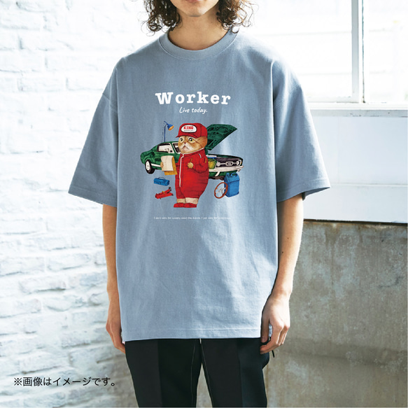 厚みのあるBIGシルエットTシャツ/「WORKER メカニックの猫」 /送料無料