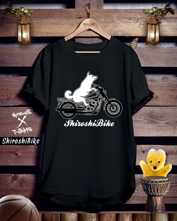 柴犬バイク黒Tシャツ「ShiroshiBike｣