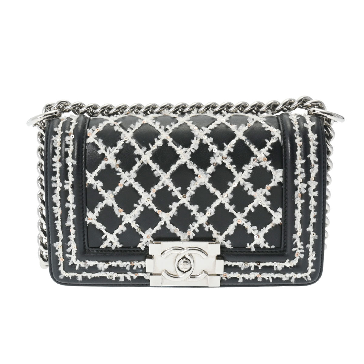 CHANEL シャネル ボーイシャネル スパンコール チェーンショルダー 20cm 黒 A67085 レディース ラムスキン ショルダーバッグ Aランク 中古 