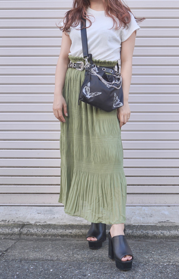 【年末の贈り物】Majorica Pleats Switching Onepiece (green tea)ロング丈ワンピース 緑 上品