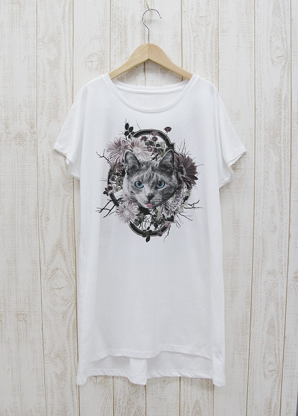 ronronCAT ワンピースTee　Flower Frame（ホワイト） / R021-O-WH