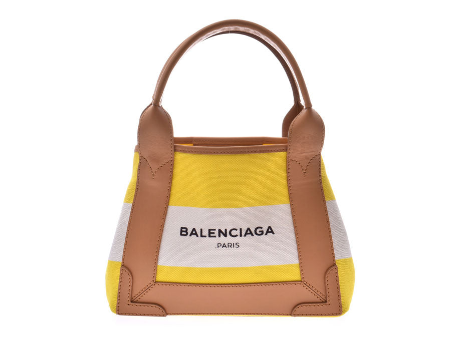 バレンシアガ ネイビーカバXS 黄/白 レディース キャンバス/レザー 2WAYハンドバッグ Aランク 美品 BALENCIAGA ストラップ付 中古