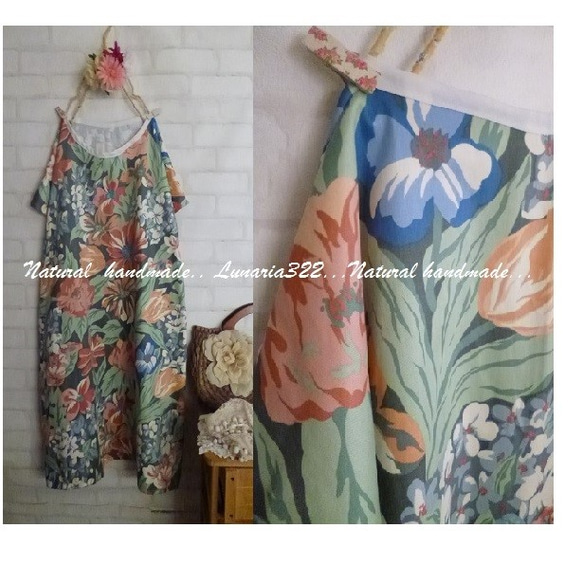 **ボタニカルフラワーcottonワンピース**半袖♪ handmade