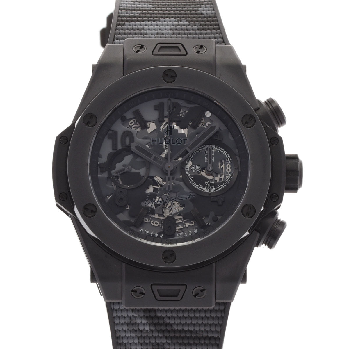 HUBLOT ウブロ ビッグバン オールブラック カモ ヨウジヤマモト 100本限定 411.CI.0110.RX.YOY20 メンズ セラミック/ラバー 腕時計 自動巻き スケルトン文字盤 Aランク 中古 