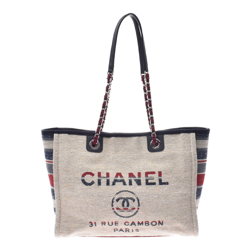 CHANEL シャネル ドーヴィルMM チェーントートバッグ ボーダー レディース キャンバス/レザー ショルダーバッグ Aランク 中古 