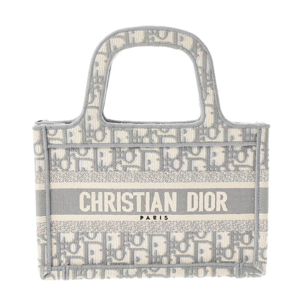 CHRISTIAN DIOR クリスチャンディオール ブックトートバッグ ミニ エンブロイダリー 白/グレー レディース キャンバス ハンドバッグ Aランク 中古 